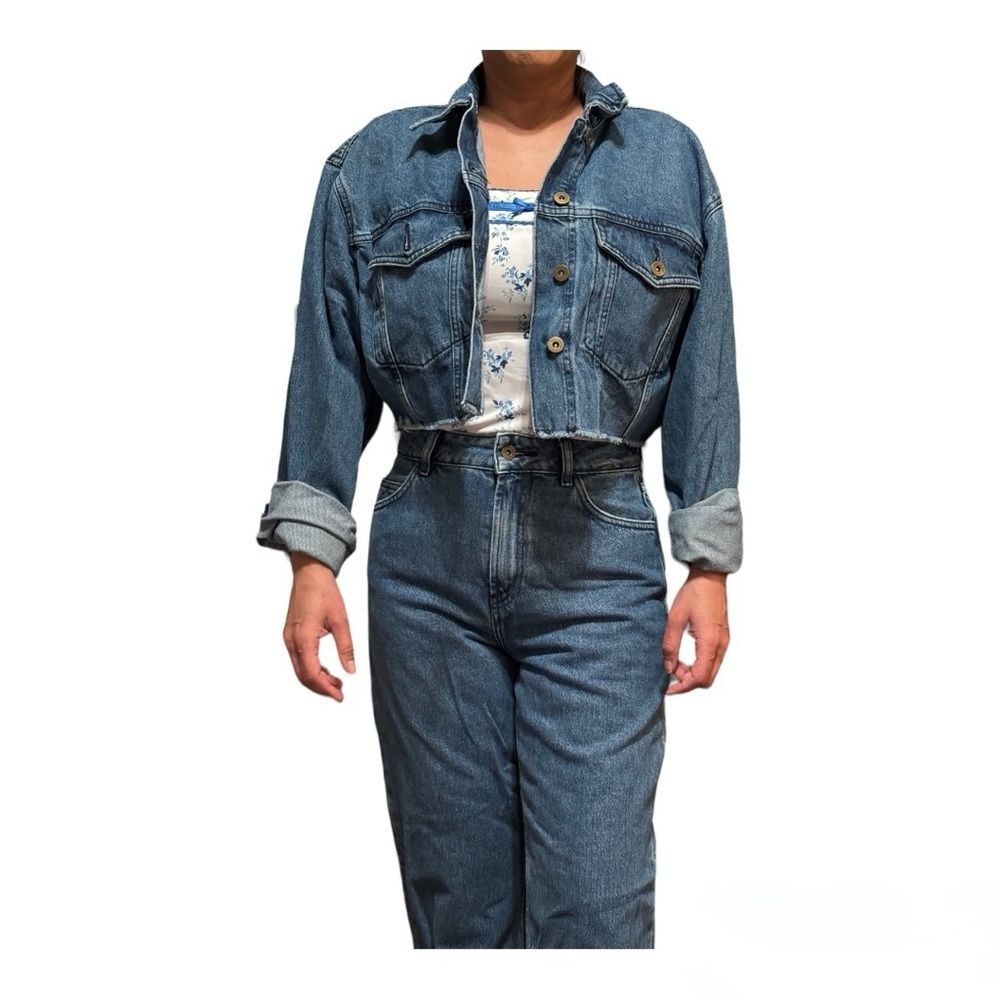 ASOS Denim Matching Set Cropped Jacket + High Rise Jeans Y2K - Picture 2 of 3